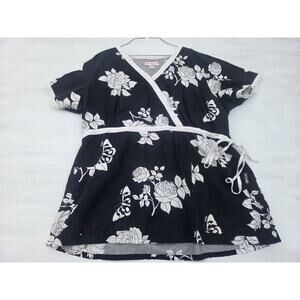 Koi Brand Scrub Top by Kathy Peterson Womens 3XL Black Floral Medical Nurse